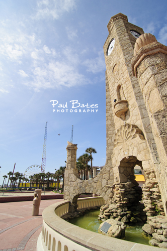 Free Picture: Photo of the historic coquina clock tower on the boardwalk in Daytona Beach, FL near the bandshell.