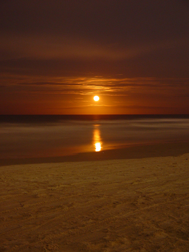 Free Picture: Photo of a Martian colored red moon rising on the beach over the ocean in Florida.