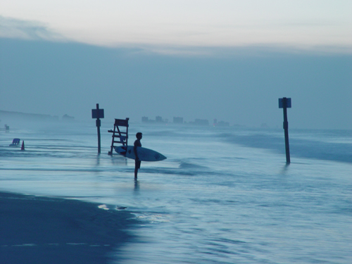 Free Picture: Photo of a lone surfer in Ponce Inlet, Florida looking out at the ocean with surfboard ready in hand.