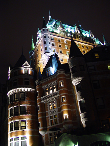 Free Picture: Photo of Chateau Frontenac castle lit up at night with romantic lighting in Quebec City, Canada.