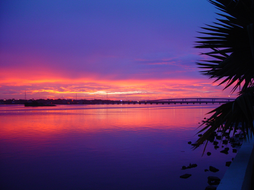 Free Picture: Photo of a beautiful sunset over the Halifax River with a blue, orange, red, and purple sky in Daytona Beach, FL among the palm trees.